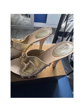 Gucci Gold Monogram Slip-On High Heel Mules